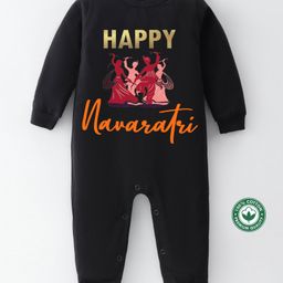 BLUSHES Navaratri Theme 100% Cotton Full Sleeves Happy Navaratri Text Printed Romper - Black-picture-31