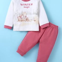 Zero Interlock Knit Full Sleeves T-Shirt & Joggers Set with Animal & Text Print -Off White &Rose Gold-picture-4