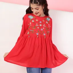 ISHTI Rayon Three Fourth Bell Sleeves Floral Embroidered Top - Coral-picture-29