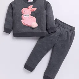 M'andy Fleece Full Sleeves Pearl Embellished Rabbit Patch Coordinating Track Suit Set - Grey-picture-16