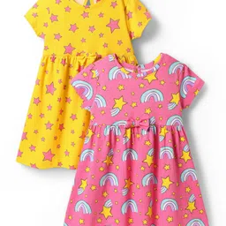 Babyhug Single Jersey Knit Half Sleeves StarsPrinted Frocks with Bow Applique Pack of 2 - Yellow & Pink-picture-20