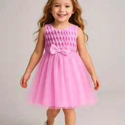 Babyhug Woven Sleeveless Party Wear Dress With Textured Design On Yoke & Bow Applique - Pink-picture-20