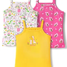 Babyhug 100% Cotton Knit Singlet Sleeves Animal & Floral Printed Slips Pack of 3 - Yellow White & Pink-image-43