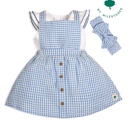 My Milestones 100% Cotton Checked Dungaree With Cap Sleeves Top & Bow Applique Detailed Headband Set - Blue & White-picture-10
