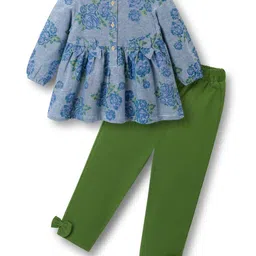 ToffyHouse Cotton Woven Full Sleeves Top & Leggings Set with Floral Print & Bow Applique - Green-picture-20