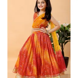 MASTARANG Woven Sleeveless Bandhani Designed Gota Lace Embellished Coordinating Lehenga Choli With Attached Dupatta - Red image 1