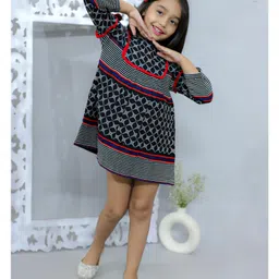 Ka-mee Woollen Woven Three Fourth Sleeves Striped & Abstract Designed Dress - Black-picture-12
