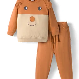 Babyhug Terry Knit Full Raglan Sleeves T-Shirt & Joggers Set With Bear Applique & Patch - Brown-picture-31