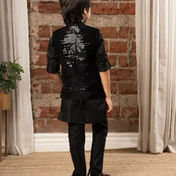 Ministitch Full Sleeves Solid Kurta & Pyjama With Sequin Embellished Jacket Set - Black image 3
