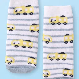 Cute Walk by Babyhug Terry Knit Ankle Length Antibacterial Socks with Vehicle Design & Stripes Pack of 3 - Red Yellow & White image 2