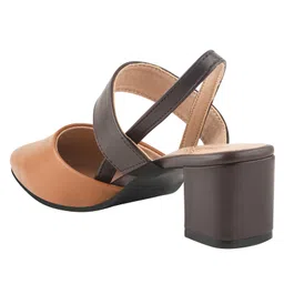 Shoetopia Dual Tone Pointed Slingback Colour Blocked Block Heels - Tan image 3