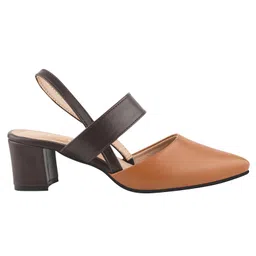 Shoetopia Dual Tone Pointed Slingback Colour Blocked Block Heels - Tan image 4