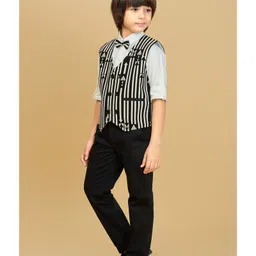 Ministitch Velvet Woven Full Sleeves Striped 3 Piece Party Suit With Bow Set - Black image 4