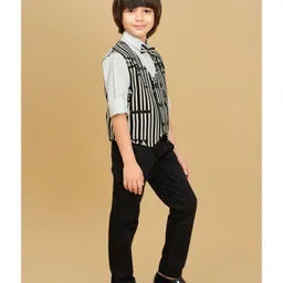 Ministitch Velvet Woven Full Sleeves Striped 3 Piece Party Suit With Bow Set - Black image 5