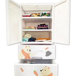 POLKA TOTS Collapsible Plastic Almirah Wardrobe 4 Smart Storage Closest Organizer Shelf Cabinet Rack - Cartoon Elephant White image 5