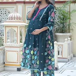 Aujjessa Women Floral Printed Cotton Anarkali Kurta with Trousers & Dupatta image 3