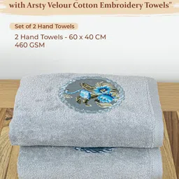 RANGOLI 2-Pcs Grey Printed Pure Cotton Highly Absorbent Hand Towel image 2