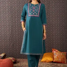 Indo Era Women Embroidered Regular Thread Work Pure Cotton Kurta with Trousers & Dupatta image 4