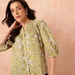 all about you Floral Print Mandarin Collar Puff Sleeves Pure Cotton Shirt Style Top-image-74