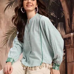 Sangria Striped Tasseled Hem Cotton Shirt Style Top-picture-49