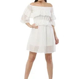 MUMRAA Off-Shoulder Puff Sleeve Ruffled Georgette Fit & Flare Dress image 4