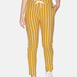 Campus Sutra Women Mustard Yellow & White Striped Straight-Fit Cotton Track Pants-image-5