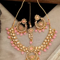 ANIKAS CREATION Gold-Plated Pink & White Kundan-Studded Pearl Beaded Handcrafted Jewellery Set-picture-13