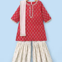 Babyhug Three Fourth Sleeves Foil Printed Kurti Sharara and Dupatta Set - Red-picture-23