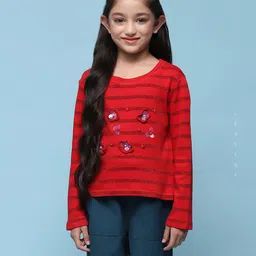 BIBA Full Sleeves Striped Glitter Embellished Floral Applique Detailed  Knitted Tee - Red-picture-22