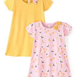 Babyhug 100% Cotton Knit Single Jersey Half Sleeves Frocks With Bow Applique & Floral Print Pack Of 2 - Multicolor-picture-12