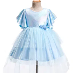 Babyhug Woven  Flared Sleeves Fit and Flare High Low Party Dress with Floral Corsage- Blue-picture-14
