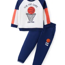 Babyhug Cotton Knit Raglan Sleeves Color Block T-Shirt & Lounge Pants Set With Basketball Print - White & Blue-picture-28