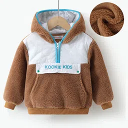 Kookie Kids Full Sleeves Hooded Winter Fur Jacket with Colour Block Design & Kangaroo Pockets - Brown-image-16