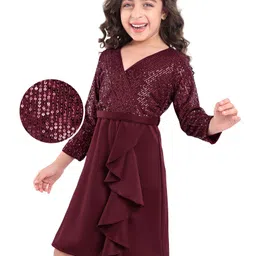 Hola Bonita Knit Full Sleeves Sequin Front Overlapping With Scuba Ruffle Party Dress - Maroon-image-68