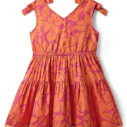 kookie kids india Kookie Kids Woven Sleeveless Bow Style Frock With Floral Print - Orange-picture-38