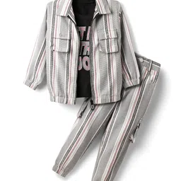 Rikidoos Cotton Full Sleeves Striped Jacket With Let Me Distract Uoy Text Printed Tee & Joggers Pant Set - Grey & Black image 1
