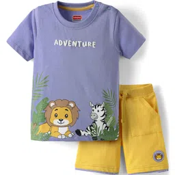 Babyhug Single Jersey Knit Half Sleeves T-Shirt & Shorts Set With Animal Print - Purple & Yellow-picture-27