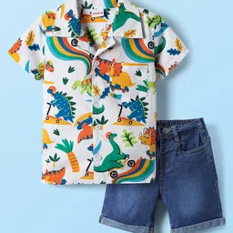 Babyhug Poplin Collar Half Sleeves Shirt & Short Set With Animal Print - White & Blue-picture-12