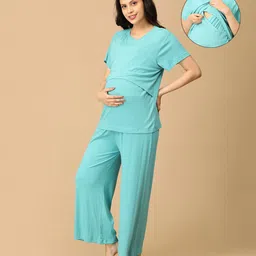 The Mom Store Cotton Spandex Knit Half Sleeves Solid Coordinating Maternity Night Suit Set With Nursing Access - Turquoise-image-89