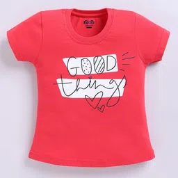 Kidcity Cotton Sinker Knit Half Sleeves Good Thing Text Printed Top - Peach-picture-32