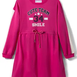 kookie kids india Kookie Kids Single Jersey Knit Full Sleeves Cut & Sew Dress with Cute Team Text Print & Waist Drawcord - Dark Pink-picture-22