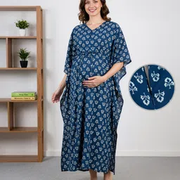 Bella Mama Cotton Woven Half Sleeves Maternity Kaftan Nighty with Floral Print - Blue-picture-18