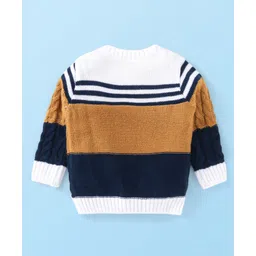 Babyhug Knitted Full Sleeves Pullover Sweater with Cable Knit & Striped Design - White Brown & Black image 2