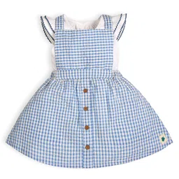 My Milestones 100% Cotton Checked Dungaree With Cap Sleeves Top & Bow Applique Detailed Headband Set - Blue & White image 3