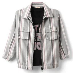 Rikidoos Cotton Full Sleeves Striped Jacket With Let Me Distract Uoy Text Printed Tee & Joggers Pant Set - Grey & Black image 2