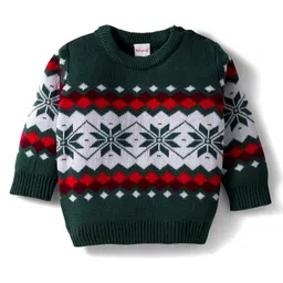 Babyhug Knit Full Sleeves Pullover Sweater & Pant Set with Aztec Design - Olive Green image 2