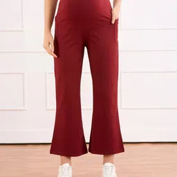 Bella Mama Cotton Knit Full Length High Coverage Maternity Solid Coloured Pant - Maroon image 3