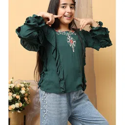 ISHTI Rayon Woven Three Fourth Sleeves Floral Embroidered Top - Bottle Green image 5