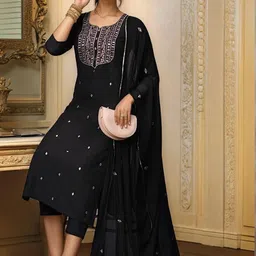 KALINI Women Black Rayon Blend Embroidered Straight Kurta Suit With Dupatta image 2