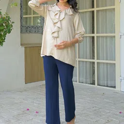 Aujjessa Women Beige Ruffled Maternity Feeding V-Neck Cuffed SleevesTop image 3